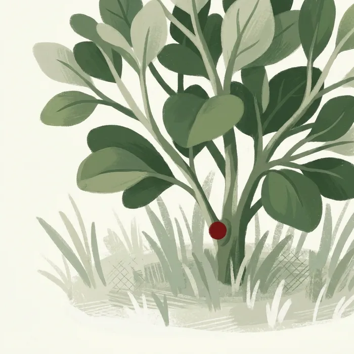Close stylized botanical study of a single ornamental shrub and turf-blade texture, no landscape or property context shown
